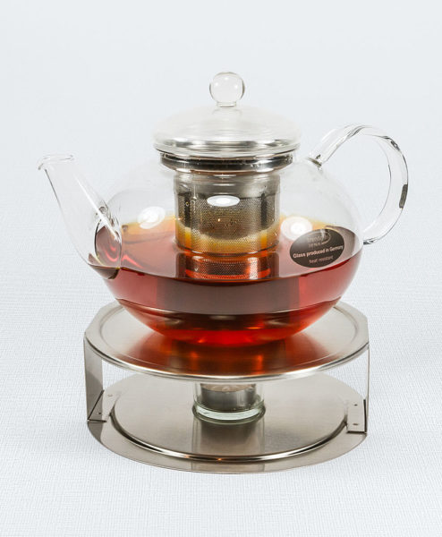 Teekanne Miko aus Glas mit Edelstahlfilter auf Edelstahlstövchen